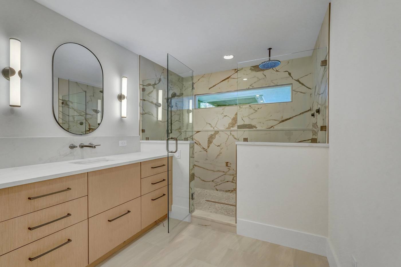 Primary bath with oak vanity and marble shower, Cypress Marsh