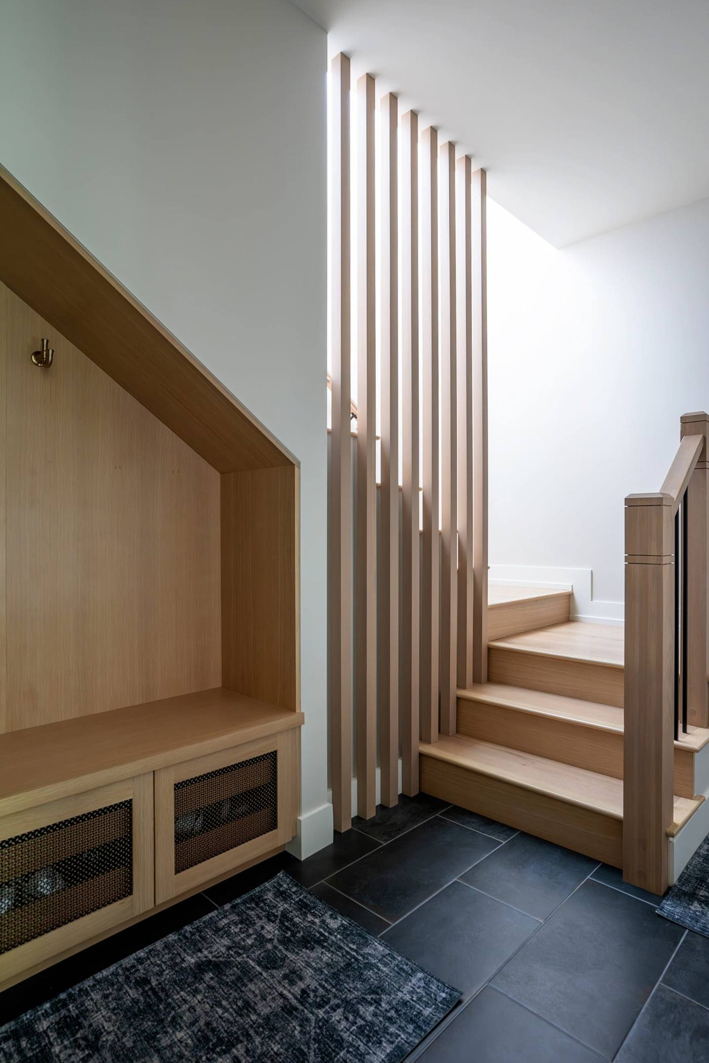 White oak stair screen and entry bench, Outpost
