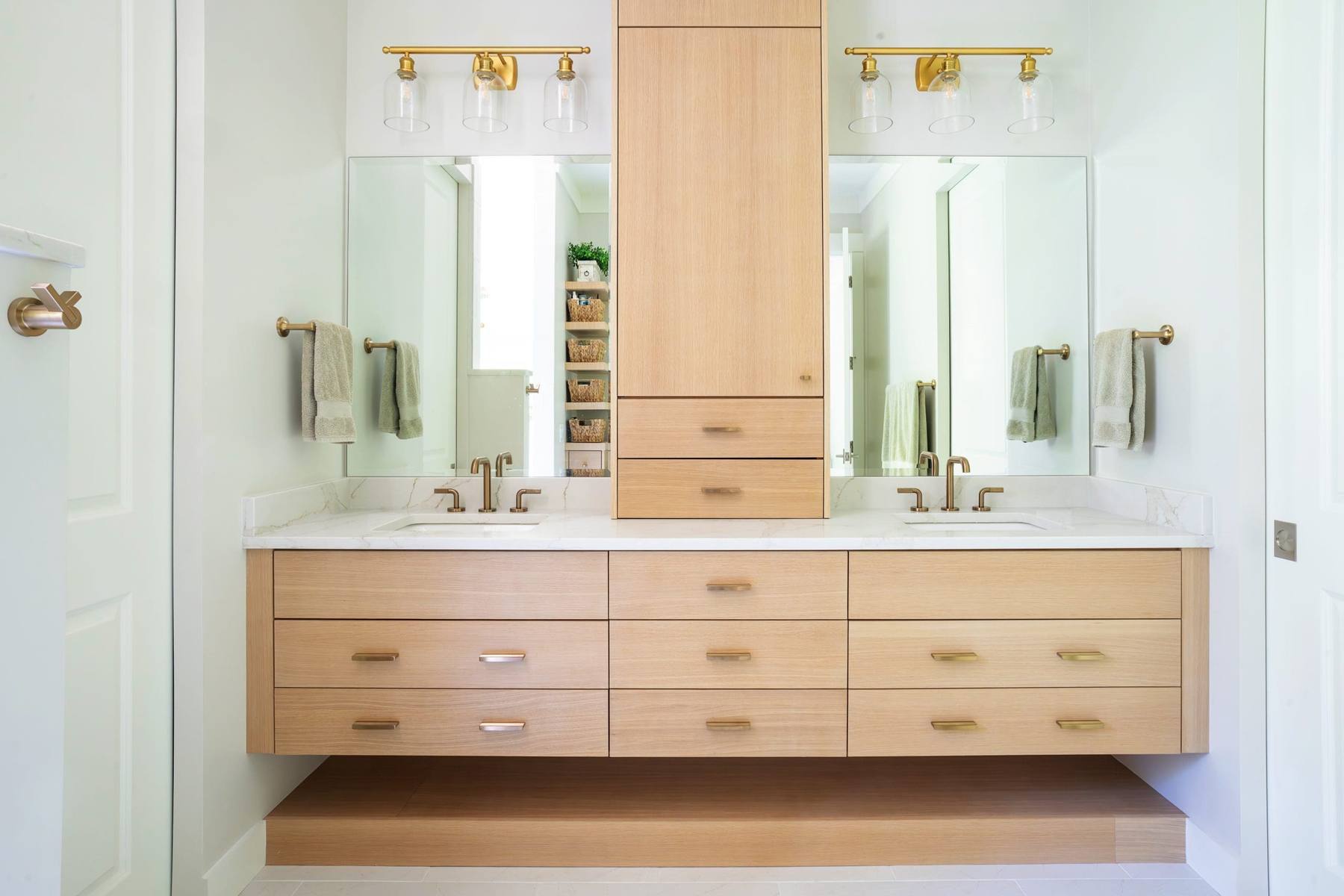 Floating white oak double vanity with center tower, Outpost, Hilton Head Island