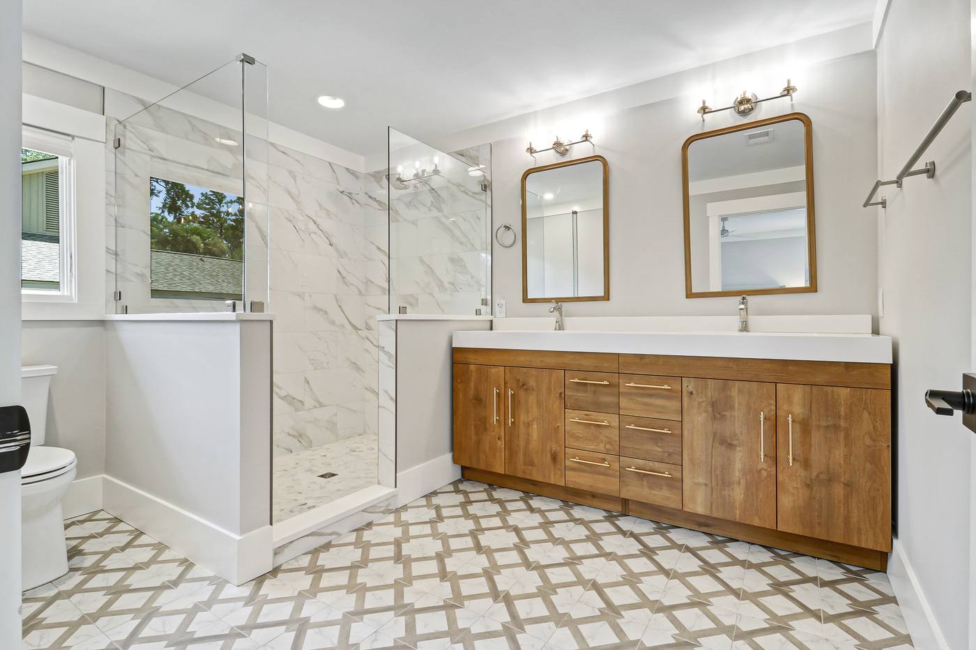 Primary bath with wood double vanity