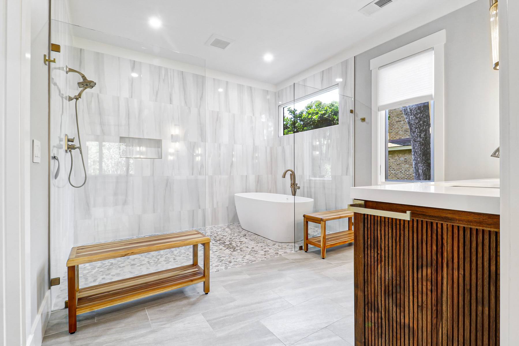 Primary bath with freestanding tub and walk-in shower, Sea Pines, Hilton Head Island